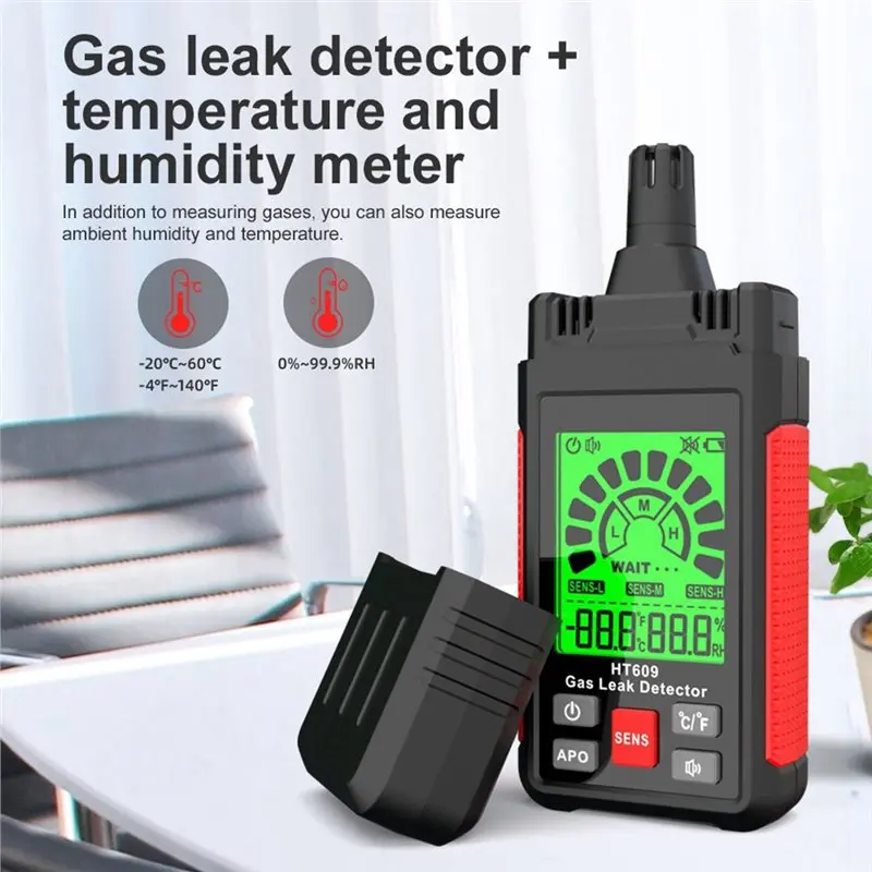 AB66-HT609 Tricolor Backlight LCD Display Gas Leak Detector Combustible Gas Detector With Audible Visual Alarm Gas Sniffer