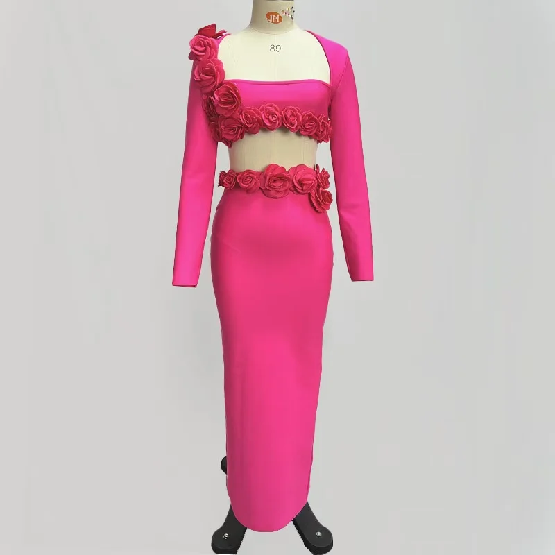 

Sexy Rose Red Flower Appliques Bodycon Bandage Dress Sexy Sleeveless Maxi Celebrity Evening Runway Party Dress