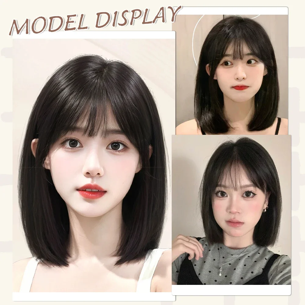 ALXNAN Short Straight Synthetic Wigs for Women Natural Black Bob Wigs with Bangs Daily Cosplay Party Heat Resistant Fake Hair