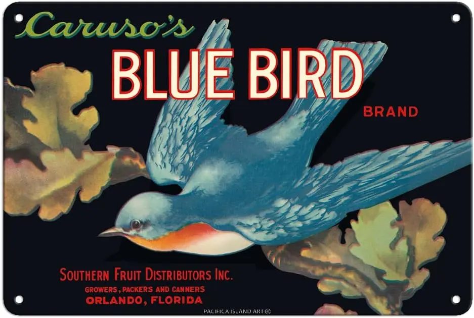 Caruso’s Blue Bird Brand - Vintage Fruit Crate Label c.1930s - 8 x 12 inch Vintage Metal Tin Sign