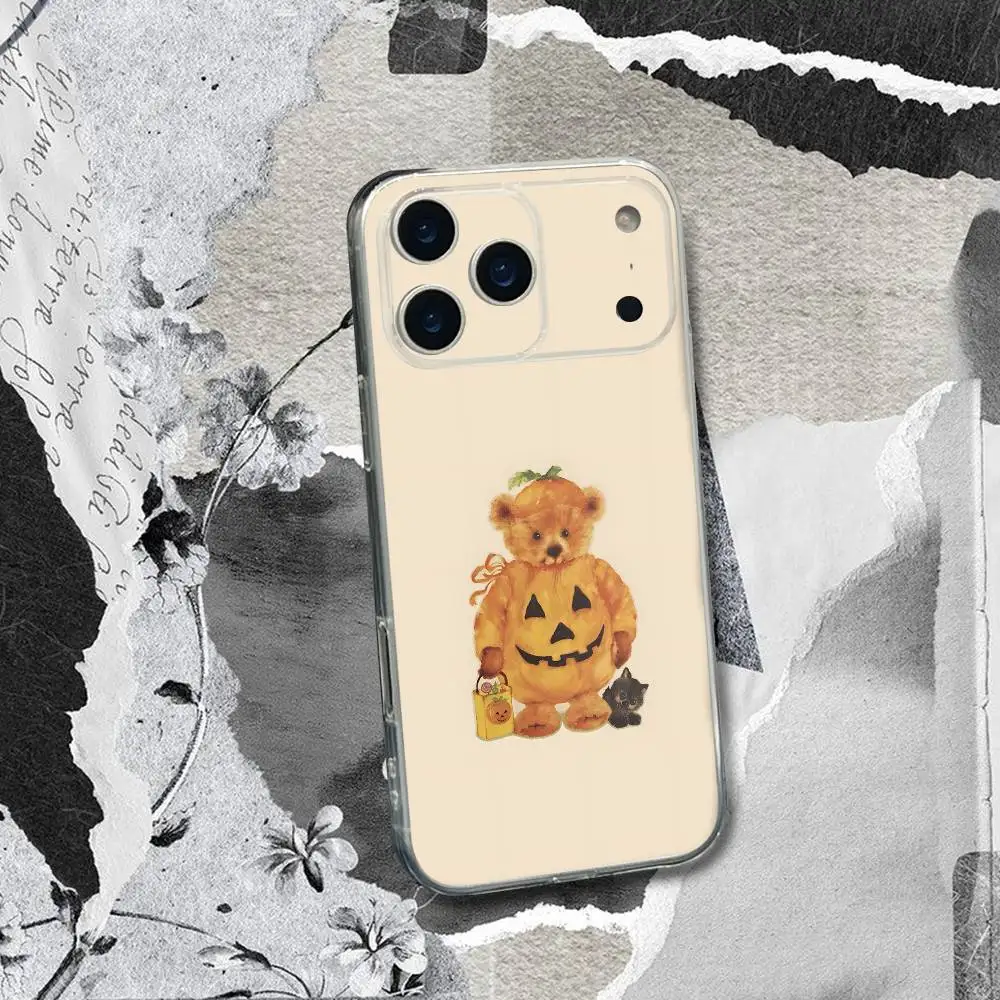 Custodia per telefono Halloween Cute Pumpkins Bear per iPhone 17,16,15,14,13,12,11 Pro,Max,Plus,X,XS,XR,SE4,E Mini Cover morbida trasparente
