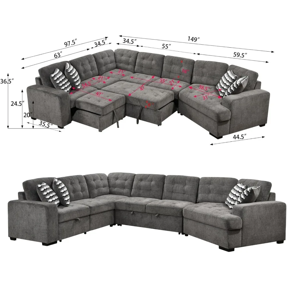 149'' Oversized Sectional Sleeper Sofa with Chaise Lounge and Pull Out Bed, 7-Seater U-Shaped Sectional Couches with Cuddler