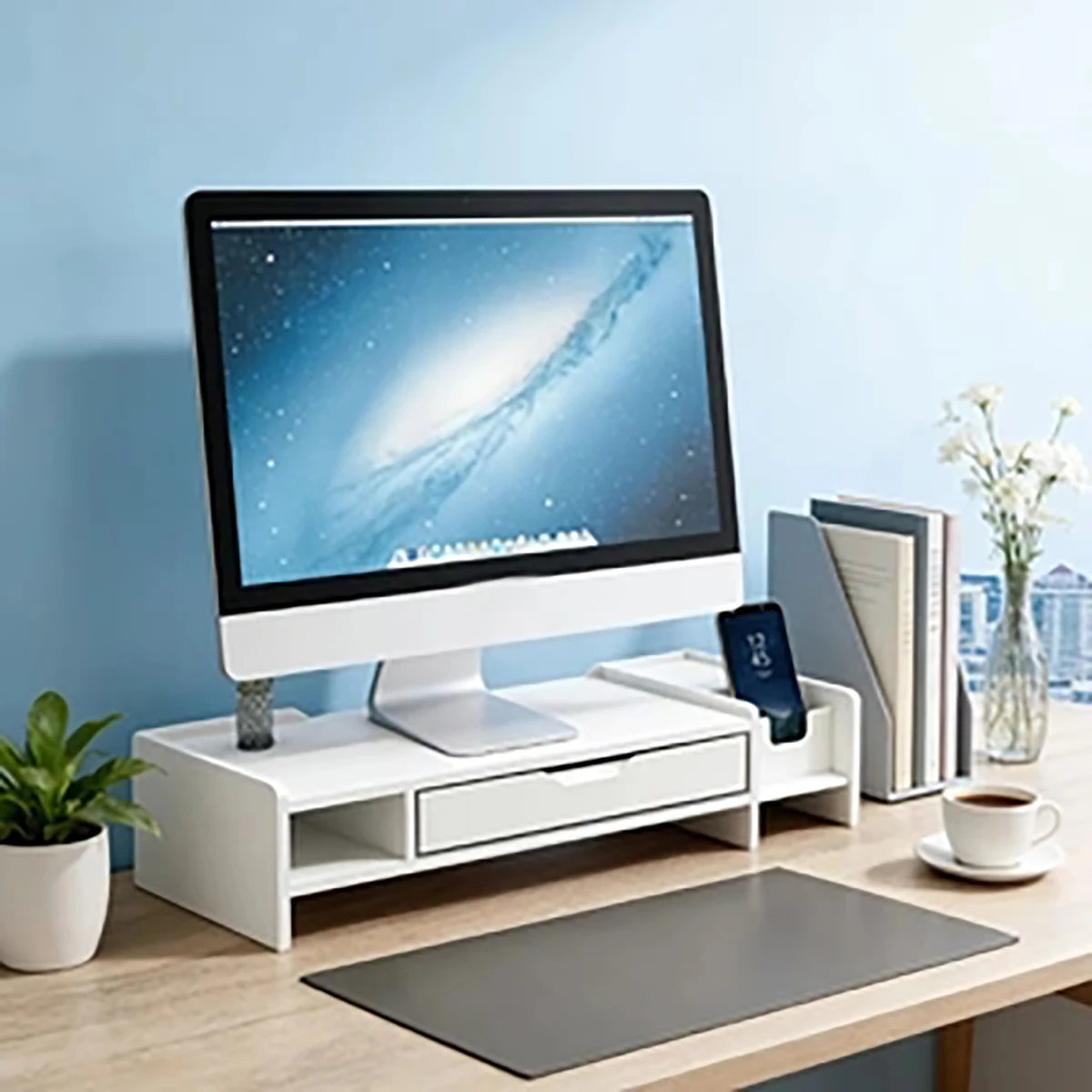 Weißer Monitorständer mit Schublade & seitlichem Stauraum, Schreibtisch-Organizer für Büro & Studentenwohnheim