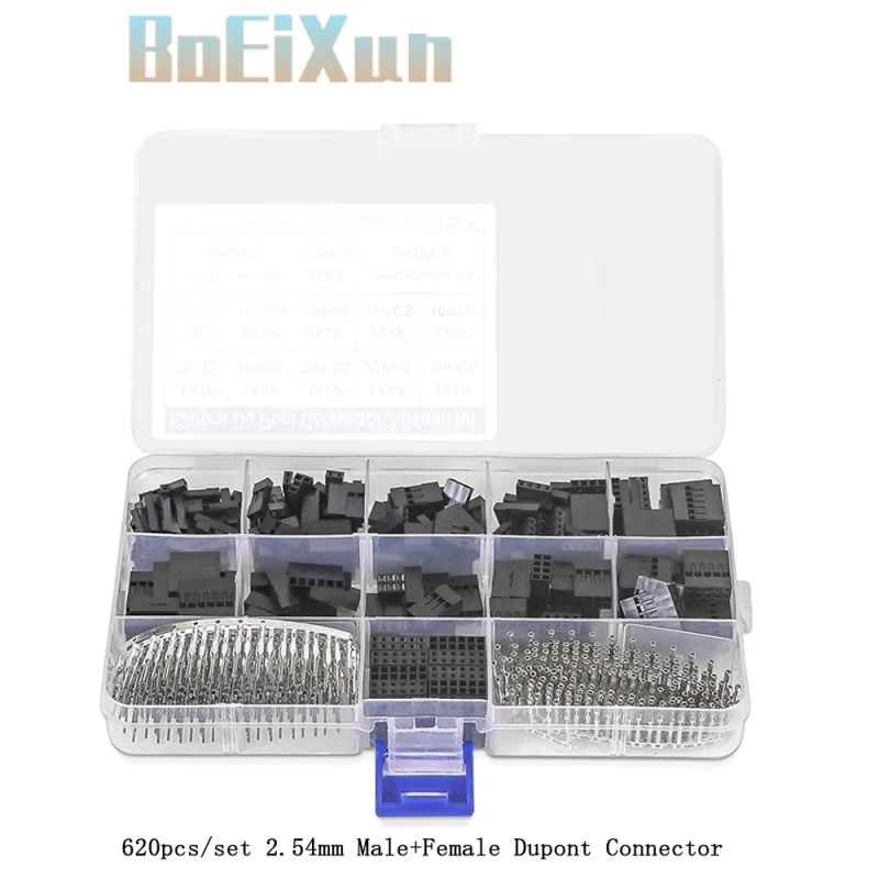 620Pcs Dupont Connector 2.54mm, Dupont Cable Jumper Wire Pin Header Housing Kit, Male Crimp Pins+Female Pin Terminal Connector