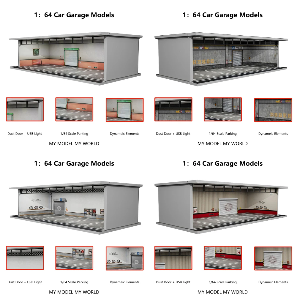 더 많은 예술 1/64 모델 주차 공간 로트 디오라마 자동차 주차 공간 조명 시뮬레이션 장식 장면