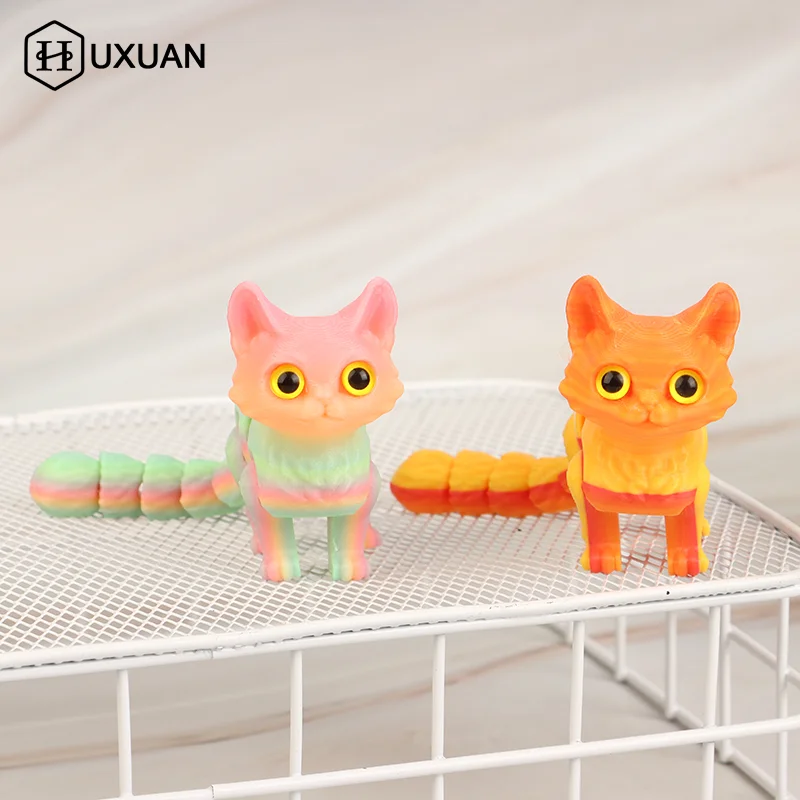 1pcs 3D Printed Colorful Candy Cat Movable Joint Simulation Mini Candy Cat Action Figures Desktop Ornament Birthday Gifts