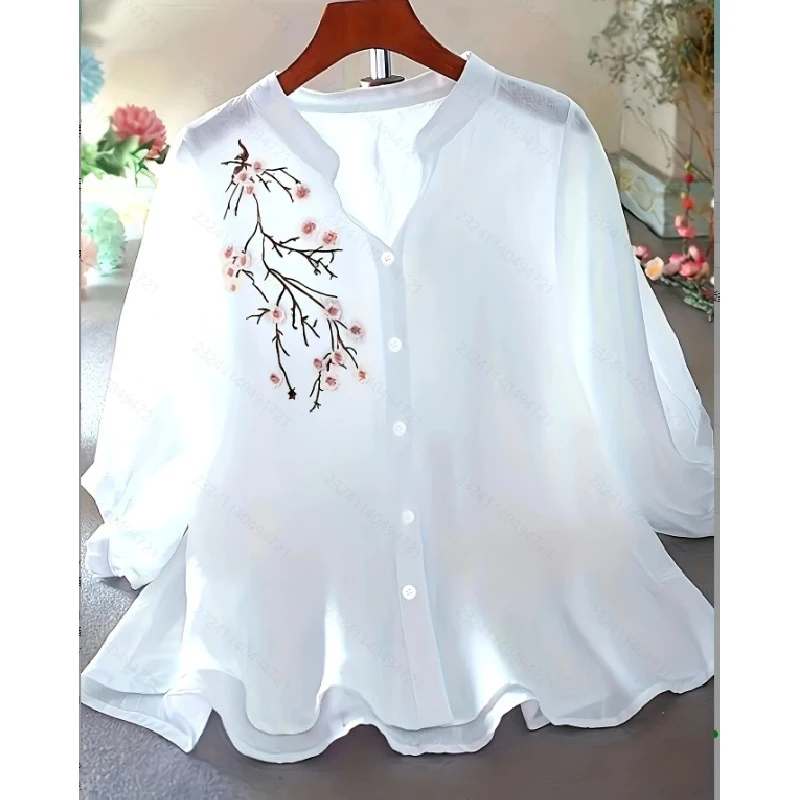 

2026New plus-size women's loose-fitting, slimming, casual embroidered floral artistic style fashionable shirt tops