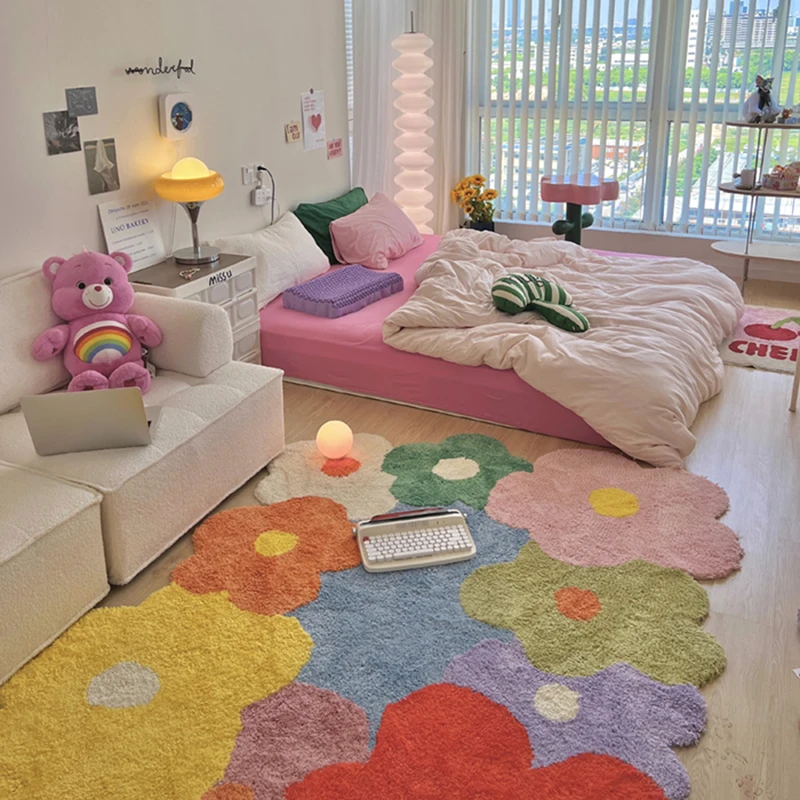 Decorative Carpet Flower Tufted Home Colorful Thick Bedroom Bedside Irregular Large Area Rug Trendy Non-slip Washable Floor Mat