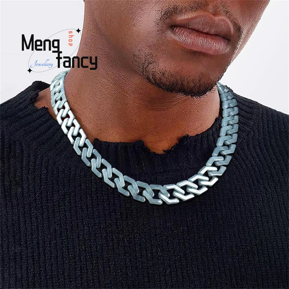 Genuine Natural A-grade Jadeite Blue Water Long Rhombic Cuban Chain Bracelet Necklace Titanium Steel Hip-hop Style Fine Jewelry