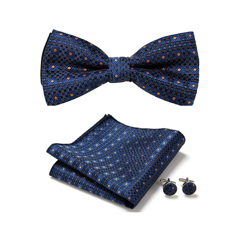 Dropshipping Fit Formal Party Silk Butterfly Tie Pocket Squares Cufflink Set Bowtie Box Male Polka dot  Ivory