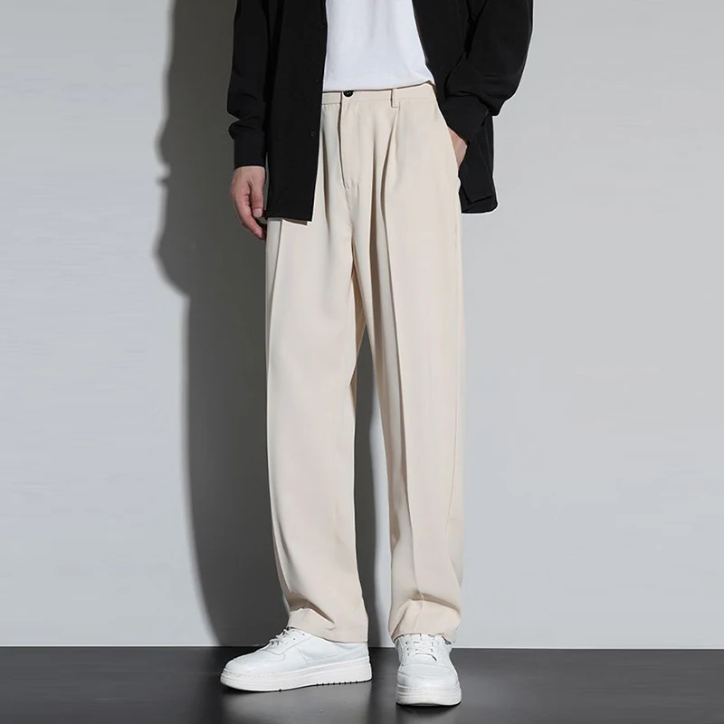 2025 New Men Baggy Smart Casual Fashion Suit Pants Male Loose Straight Slim Fit Blazer Pants Ankle Length Cropped Black Trousers