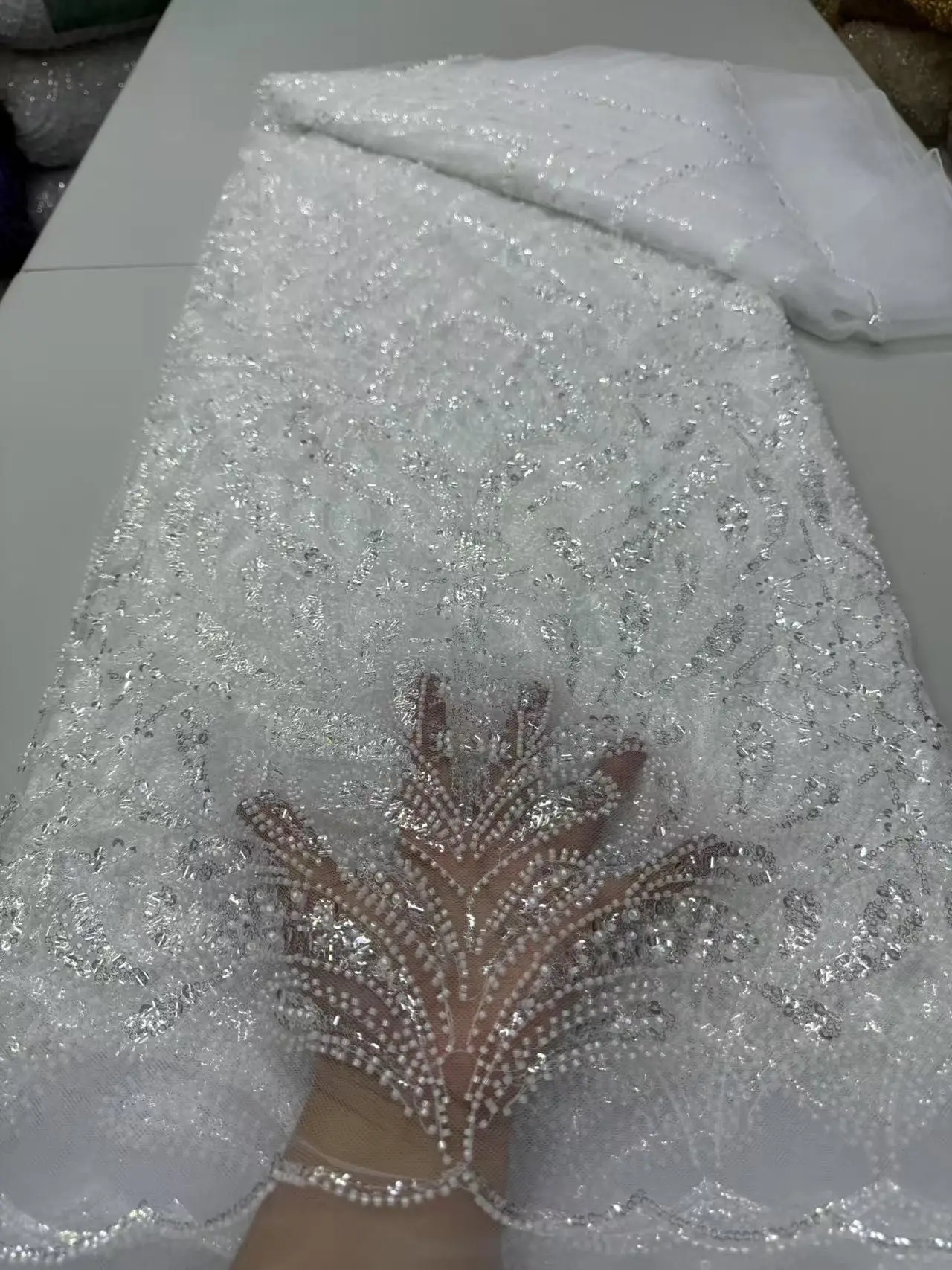 

Luxury African Mesh Lace Sequin Fabric,Fabrics By The Meter,For Sewing,Clothes,Tulle,Wedding Dresses,Embroidery,5 Yards JY397