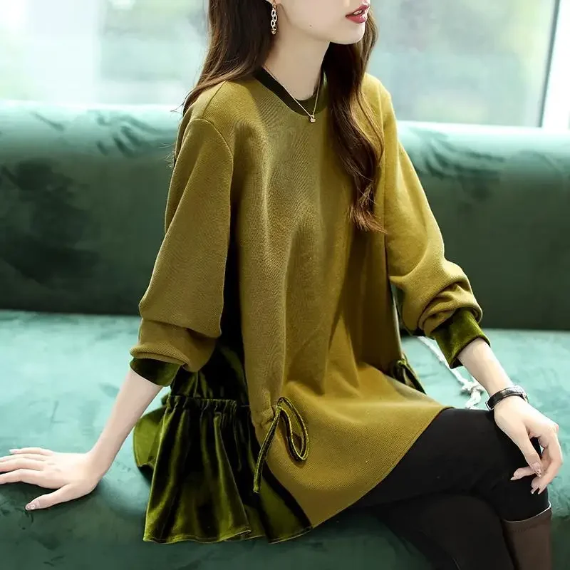 

Fashion O-Neck Spliced Loose Shirring Bandage Blouses Women's Clothing Autumn Winter Oversized Casual Tops Commuter Shirts ZL262