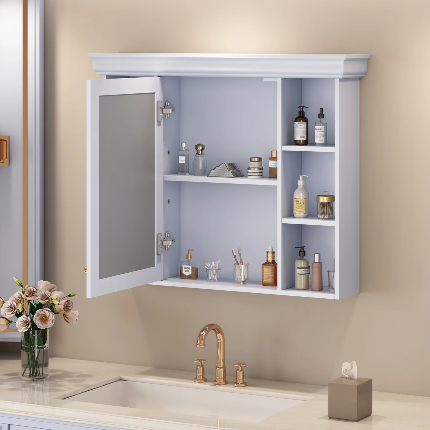 

35'' x 28'' Blue Wall Mounted Bathroom Storage Cabinet with Mirror Door - Modern Medicine Cabinet