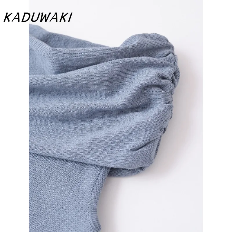 KADUWAKI Elegantes Damen-Blau-Grau, sexy, schulterfrei, schlichter Strickmantel, kurze Ärmel, figurbetontes Midi-Kleid, tailliert, Vestidos Nek Diego Diego Diego Diego Diego