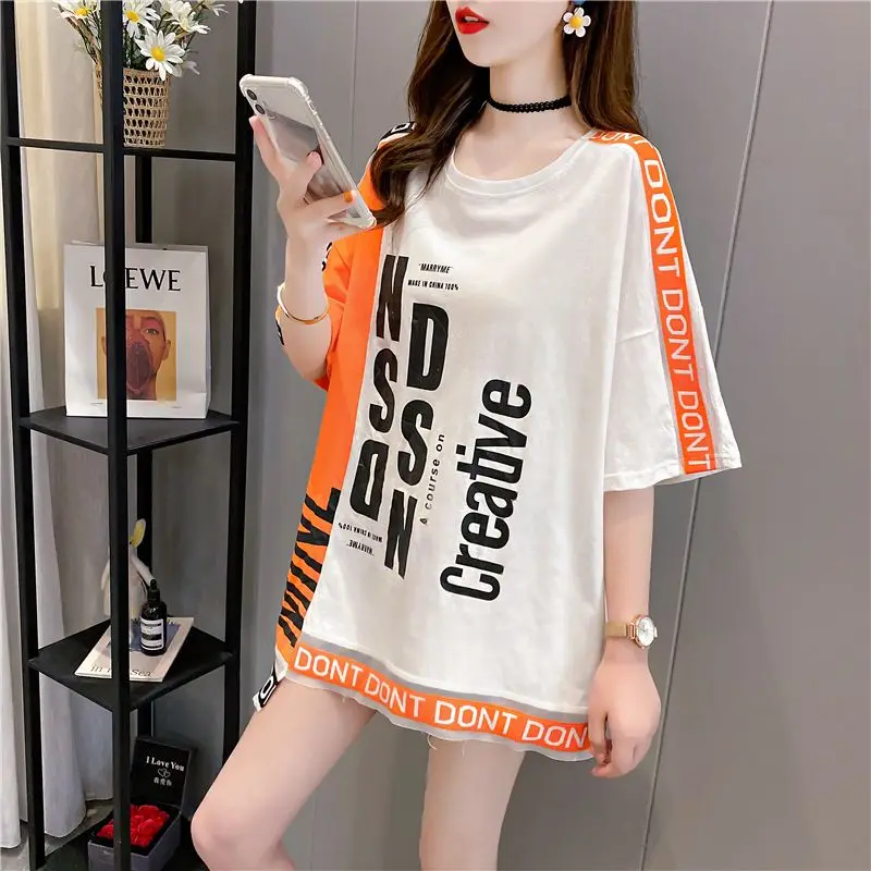 2024 Summer Korean Version Medium Length Round Neck Irregular Color Blocking Fashion Letter Print Loose Casual Oversize T-shirt