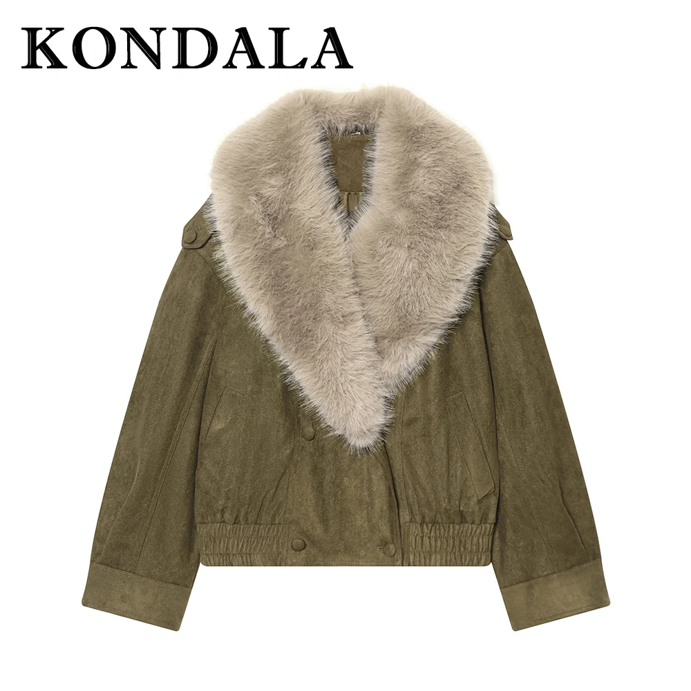 KONDALA Chic Vintage Green Fashion 2025 Winter Faux Fur Collar Streetwear Modern Jacket Flurry Collar Luxurious Women Outwears