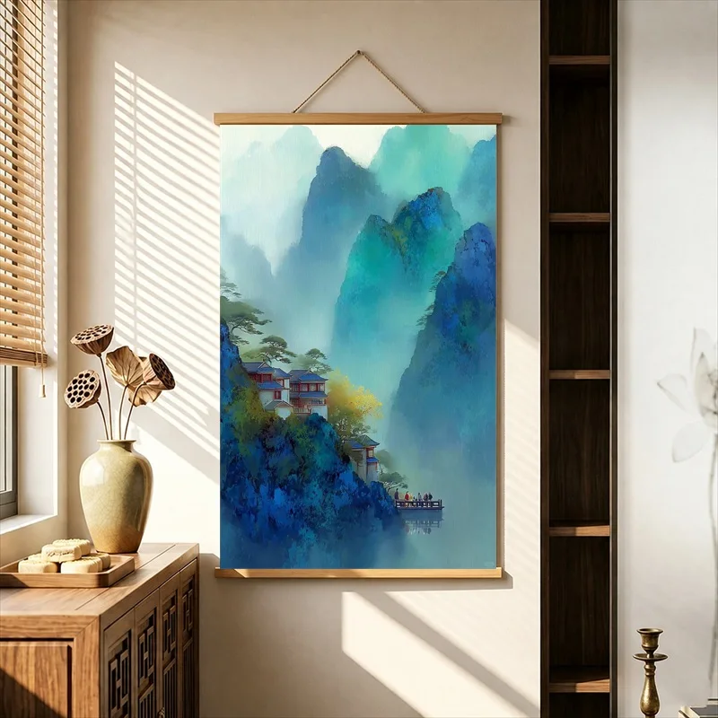 Chinese Landscape Wall Decor Pearlescent Canvas Green Peaks & Stone Bridge Hanging Scroll with Wooden Rods for Tea House
