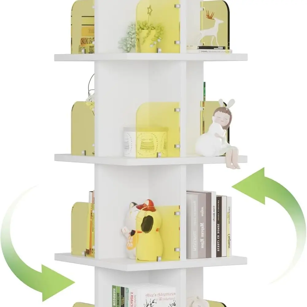 

4-Tier Swivel Bookshelf with Wheels, Acrylic-Windowed Revolving Rack for Compact Spaces, White