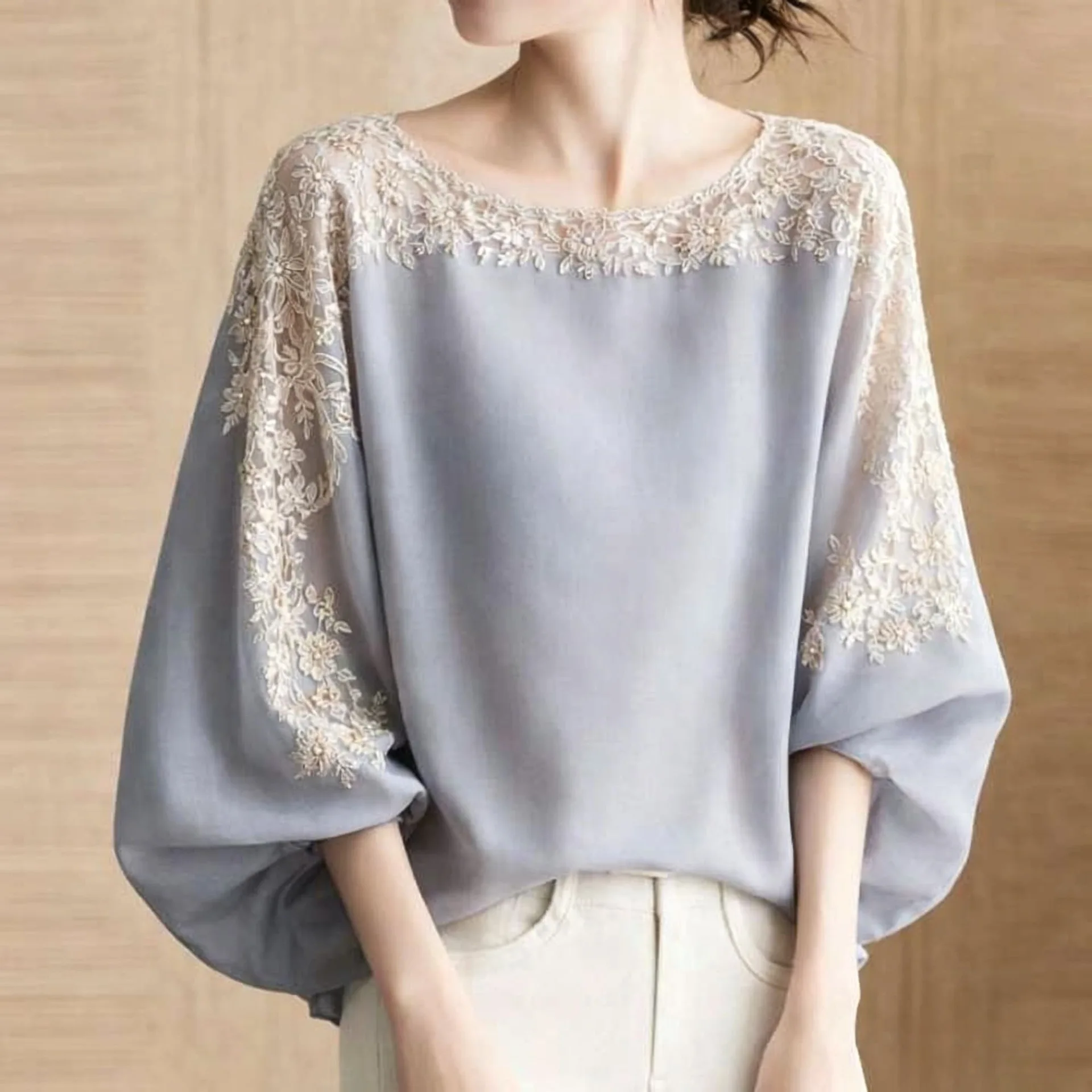 Elegant Purple Chiffon Blouse For Women Boat Neck Floral Lace Embroidery Batwing Casual Vintage French Office Commuter Shirt Top