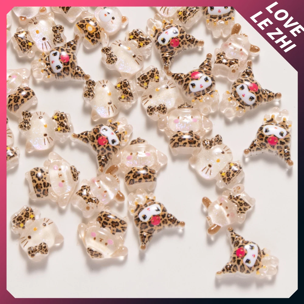 20Pcs Random Mixed Mini Cute Cartoon Nail Accessories Charm Sanrio Leopard Print Hello Kitty Mymelody Resin Nail Art Decoreation