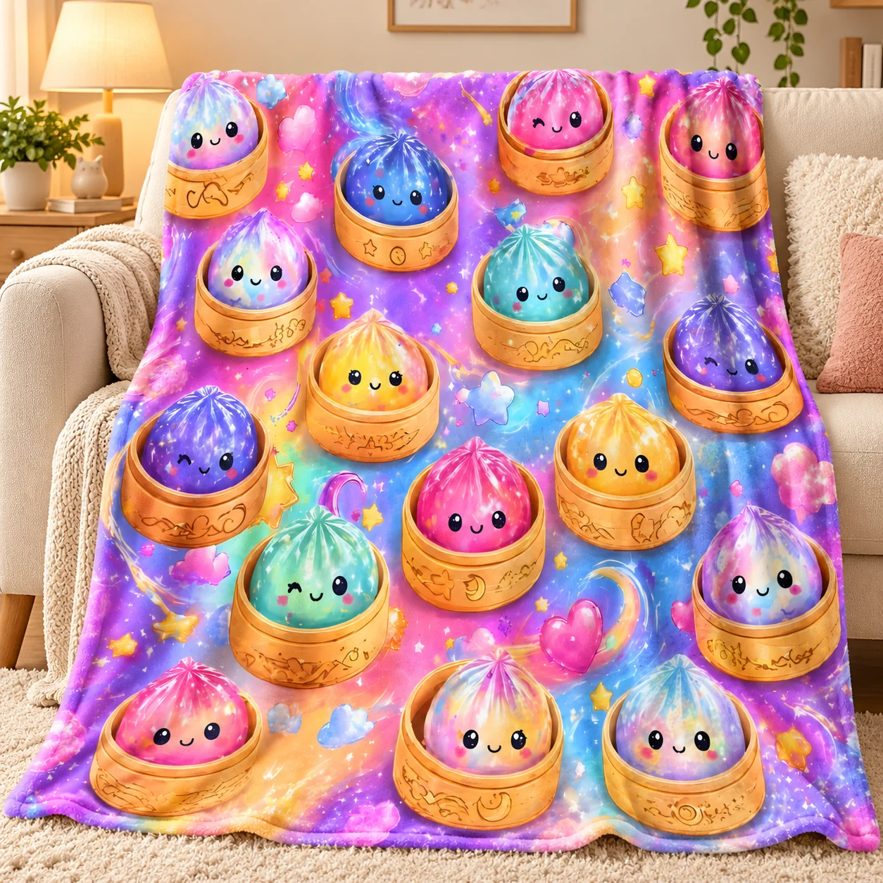 Cute Kawaii Galaxy Dumpling Throw Blanket Colorful Rainbow Steamed Bun In Bamboo Basket Soft Cozy Blanket Sofa Bedroom Decor