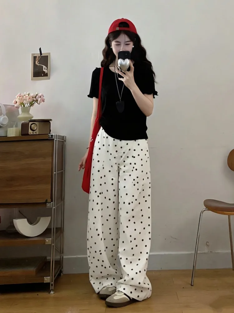 

Летний комплект больших размеров: свободные брюки палаццо и футболка с коротким рукавом, повседневный, дышащий, с круглым вырезом, для женщин