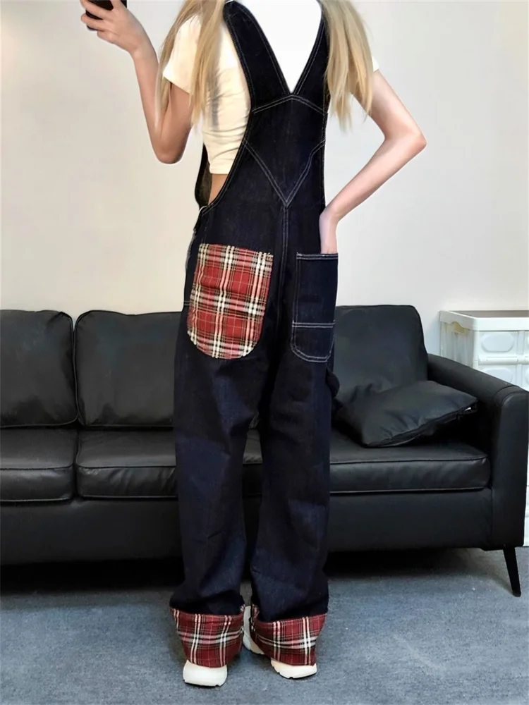 Women's Red Checkered Patchwork Design Denim Overalls Rompers Girl Suspender Jumpsuits Pant Female Jeans Streetwear Trousers