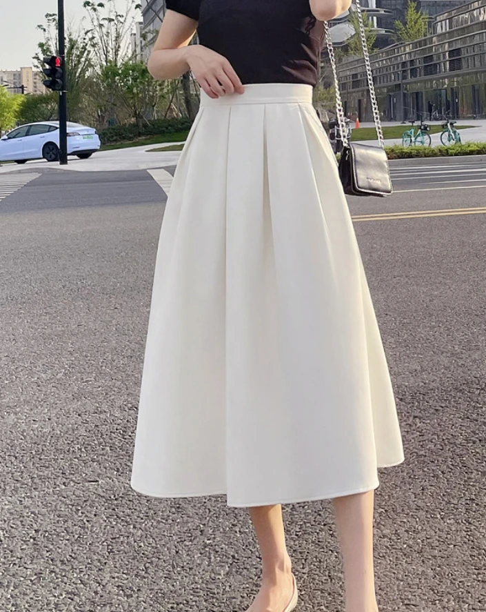 Elegant Women Skirts Female Pockets Office Ladies Casual Loose A-Line High Waist Midi Skirt 2024 Spring Summer L832