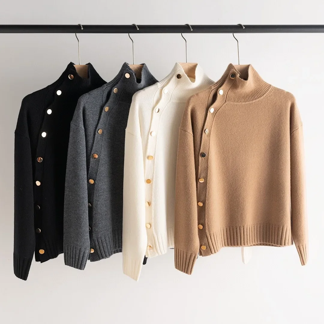 Knit Set for Women 2023 New Cashmere Single Breasted Turtleneck Simple Long Sleeve Pullover and Solid Color Casual A-Line Jupe