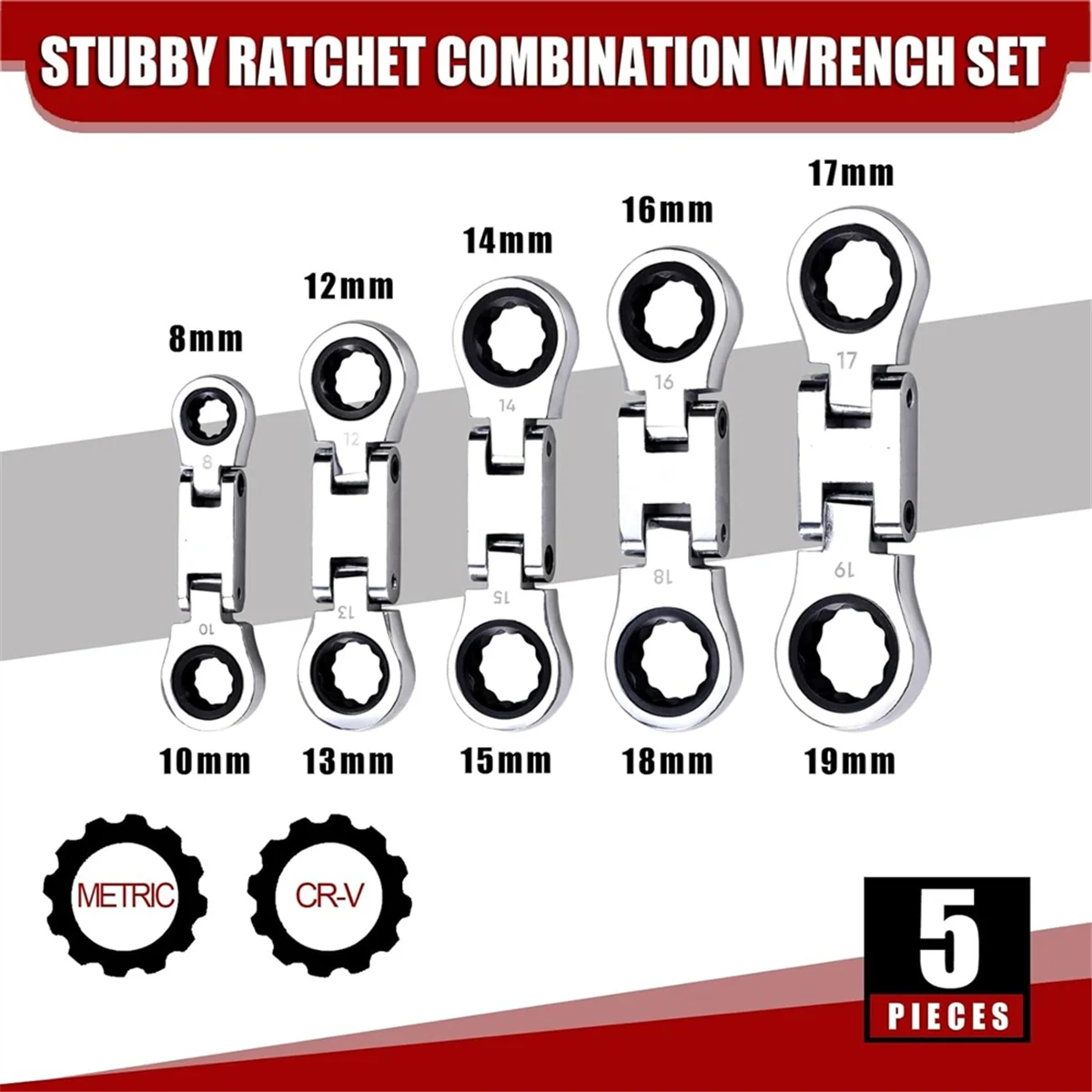 B59A5-Piece Flex-Head Stubby Ratcheting Combination Wrench Set, Mini Wrench Set, Double Box End Flex-Head, Mini Spanner Set