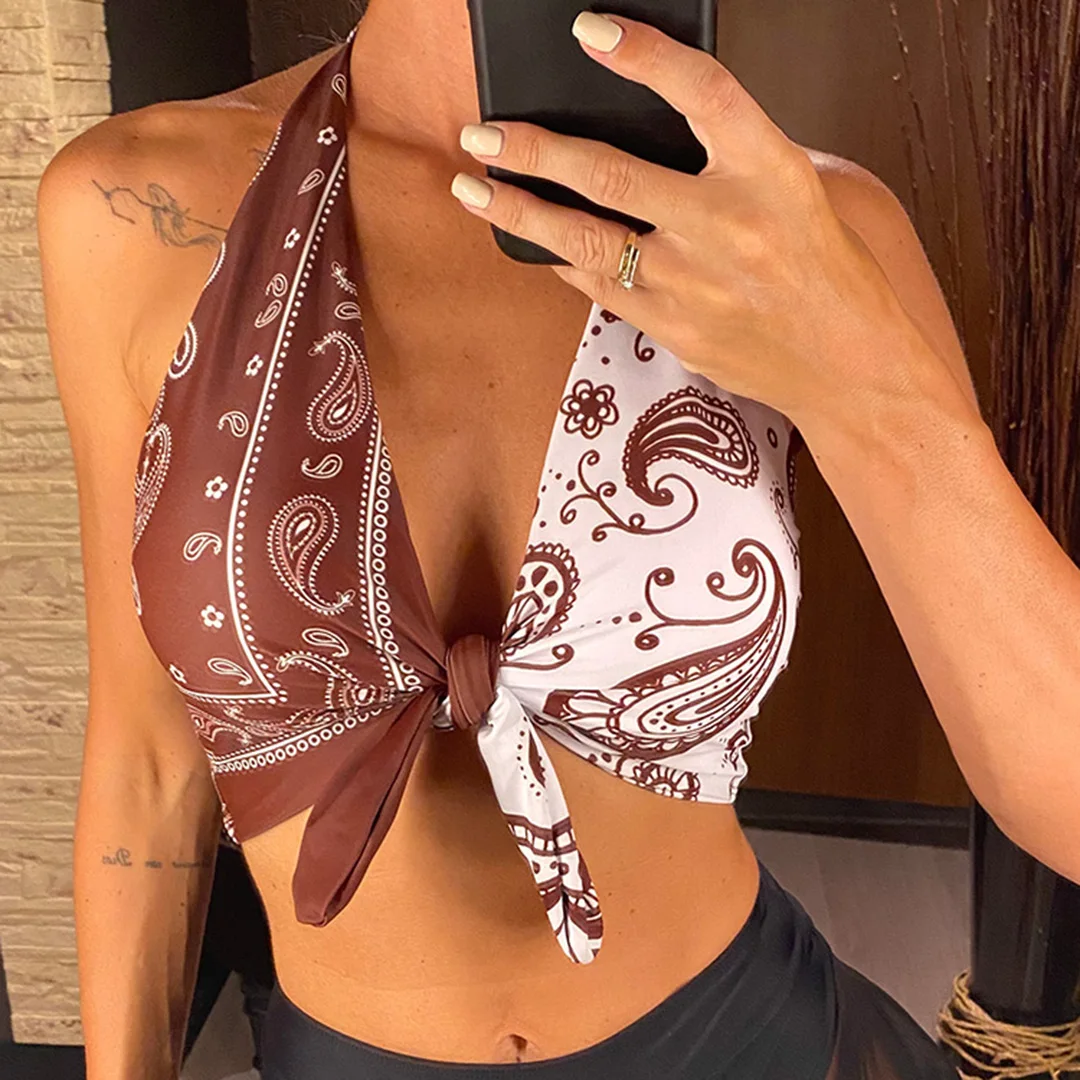 XS - L Sexy bedrucktes, gespleißtes Neckholder-Bikini-Oberteil mit Knoten, Damen-Badeanzug, Badebekleidung, Badeanzug, Strand-Oberteil V5817 – Detail 2