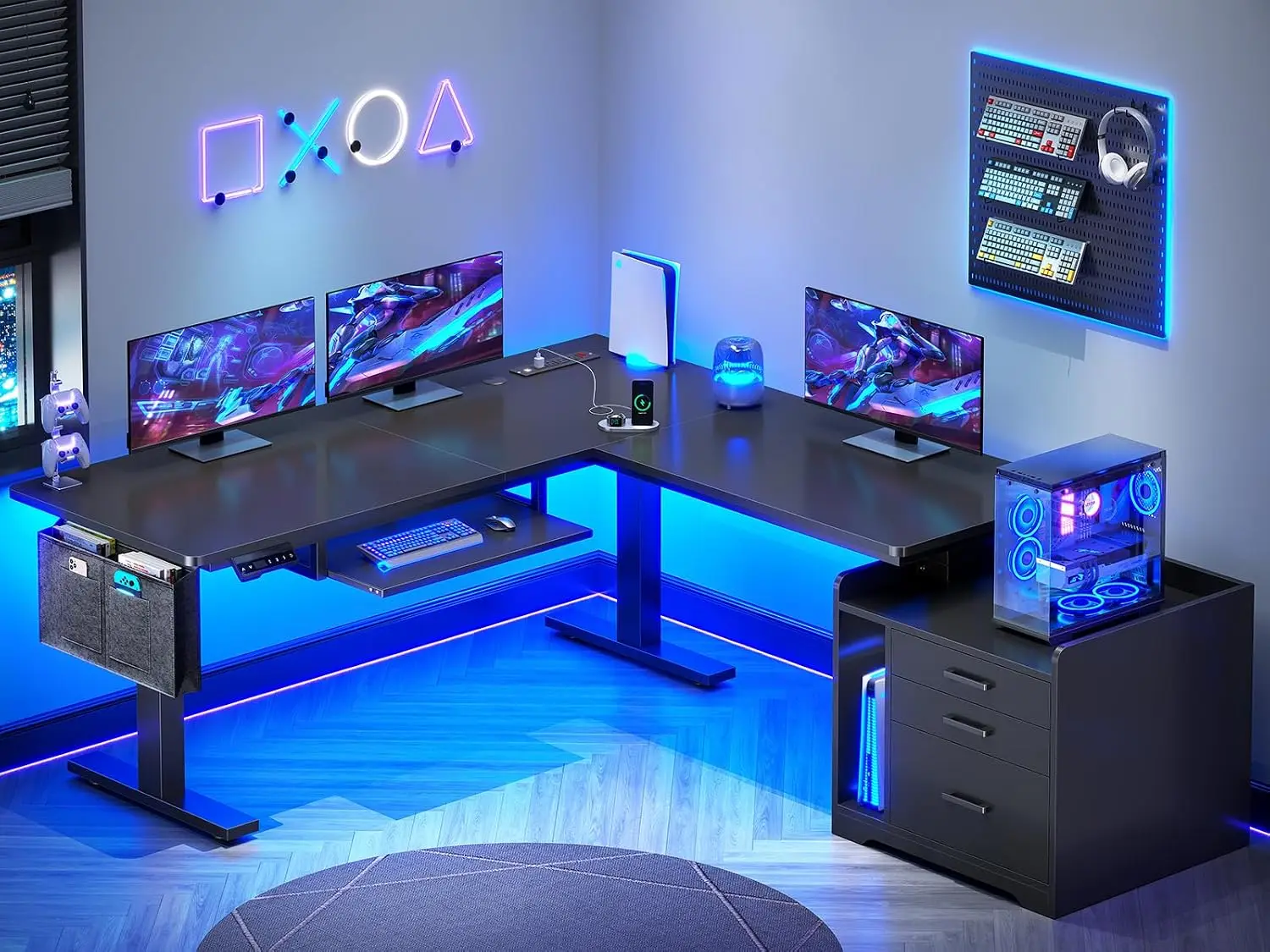 L Shaped Standing Desk With File Cabinet 3 Drawers Power Outlet, Customized