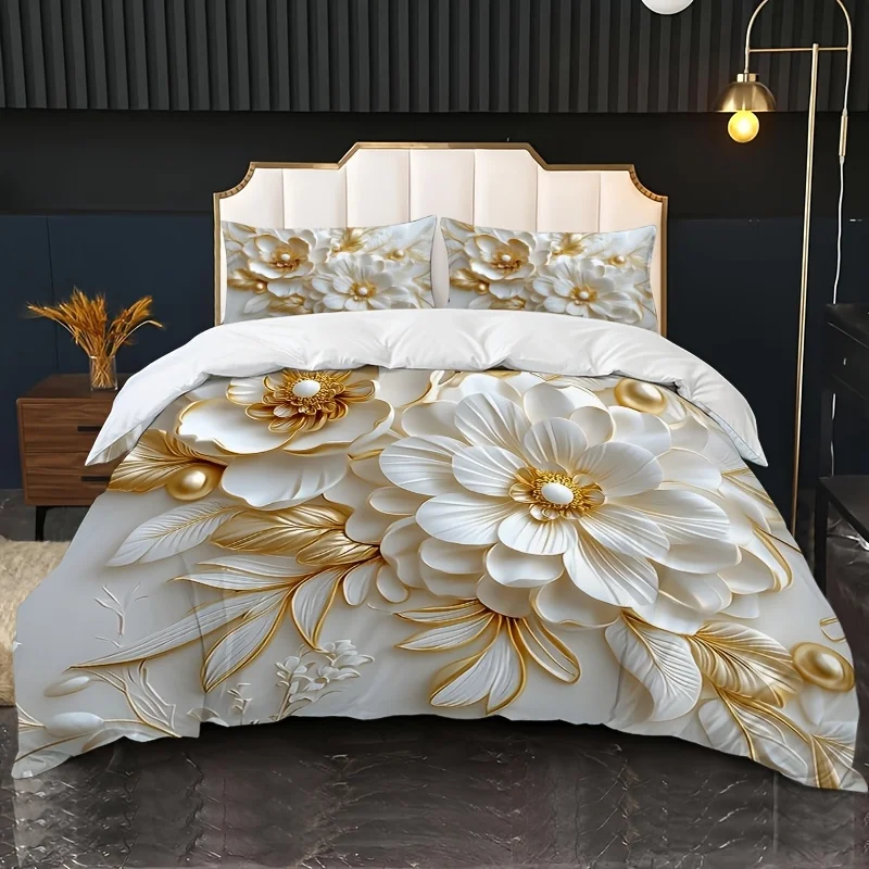

3 Pcs of Gold Leaf Pearl Flower Duvet Cover with 2 Pillowcases Queem King Size HD Printed Pattern Bedding Soft and Comfortable