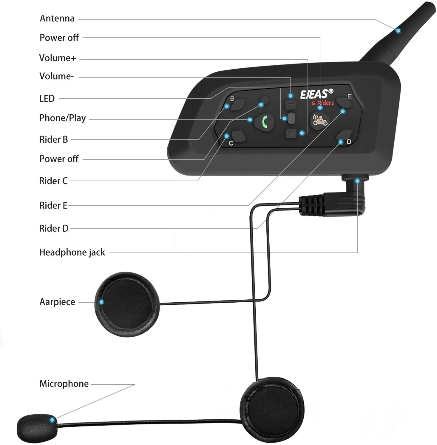 V6 PRO BT Motorcycle Intercom Helmet Headset 6 Riders 1200m Communicator Interphone 2pcs