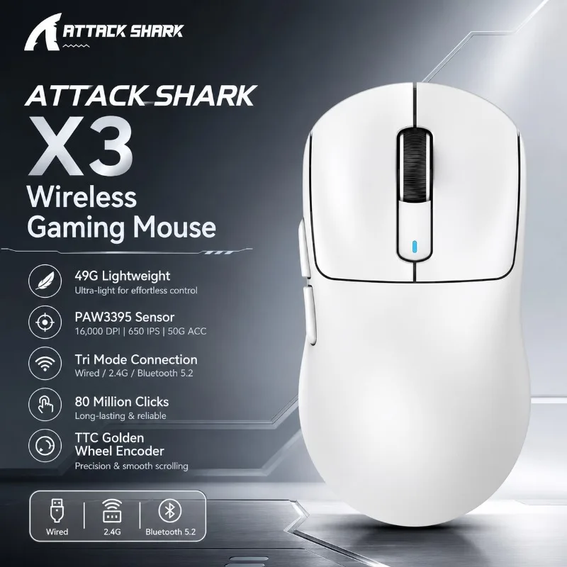 ATTACK SHARK X3 Bluetooth Gaming Mouse PAW3395 Optical Sensor 26000 DPI 49G Lightweight Tri Mode Programmable for PC Laptop Mac