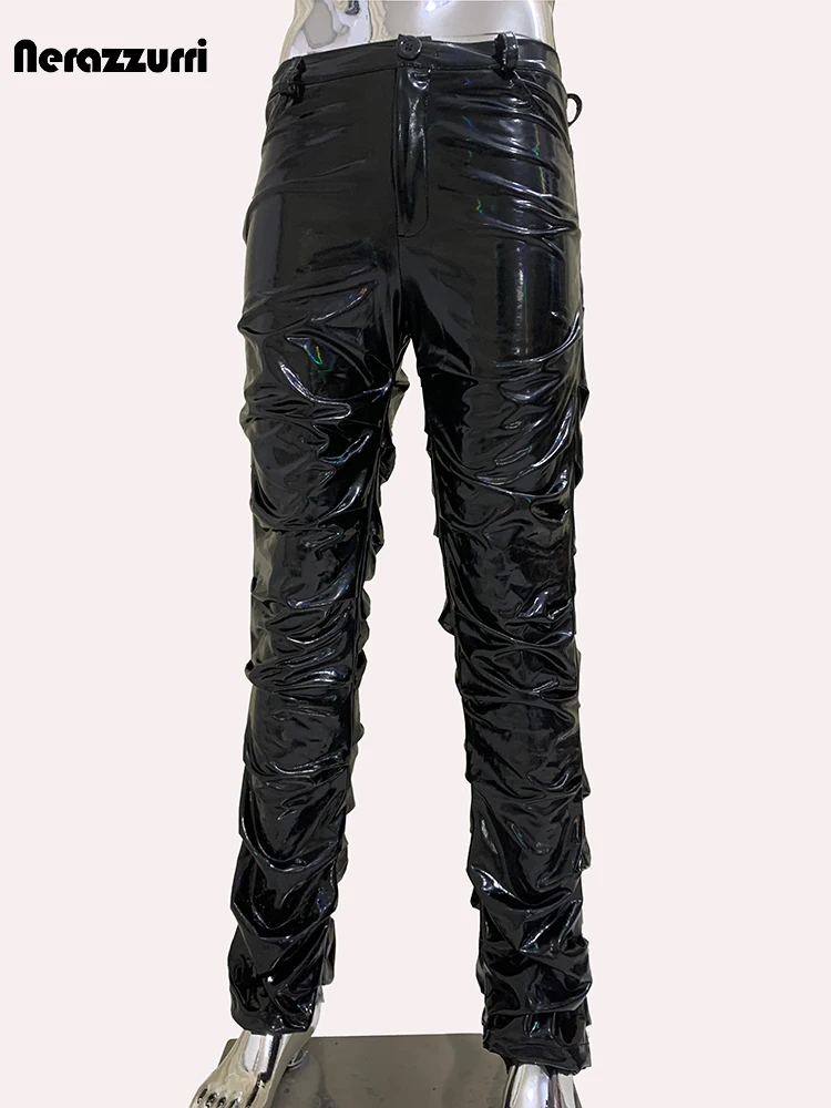 Mauroicardi Autumn Long Cool Black Shiny Stretchy Skinny Fitted Lightweight Soft PVC Faux Leather Stacked Pants for Men 2024