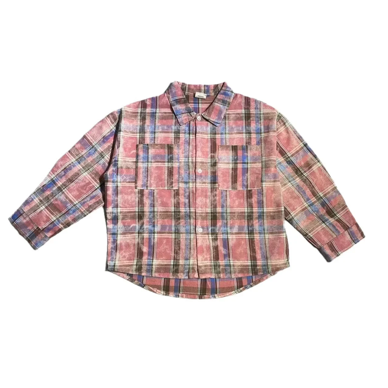 Kids Shirts 2024 Autumn New Collection Boys Korean Childrens Clothing Washed and Worn Pink Checkered Long Sleeved Shirt Top