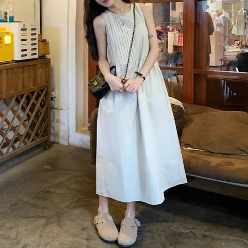

French Style Sleeveless Midi Dress Women's Clothing Fashionable Folds Summer O-Neck Sweet A-Line Waist Basic Solid Color Dresses