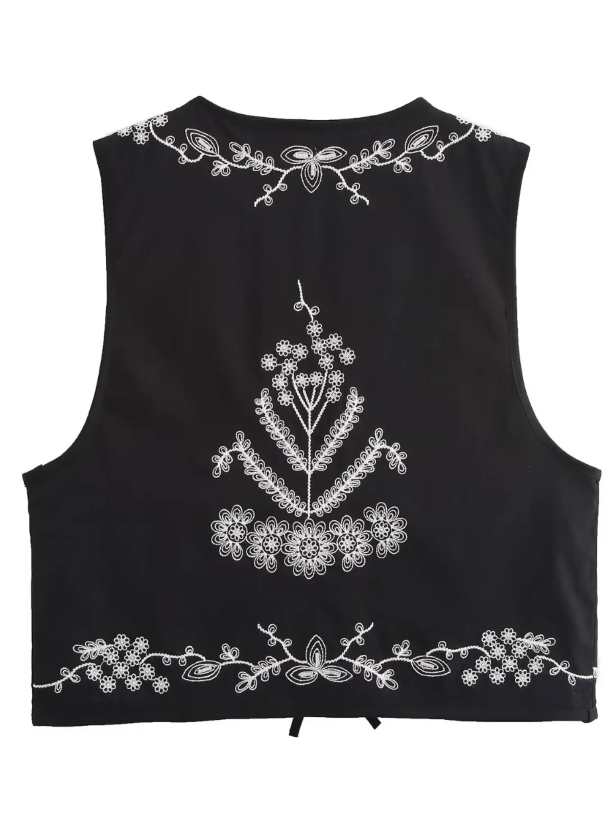 Retro Ethnic Style Embroidered Belted High Waist Sleeveless Vest V-Neck Short Length Plant Floral Pattern All Match Material