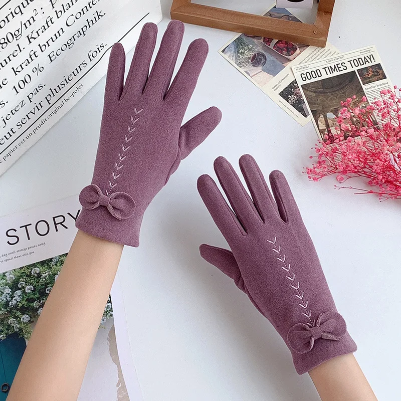 Guantes de invierno con pantalla táctil para mujer, manoplas de terciopelo grueso con lazo bordado, elegantes, a prueba de viento