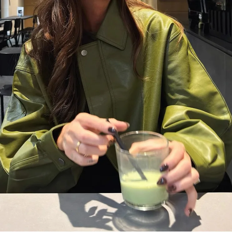 

2025 Autumn and Winter Hot Sell Personalized Lapel Green Leather Jacket Temperament Commuting