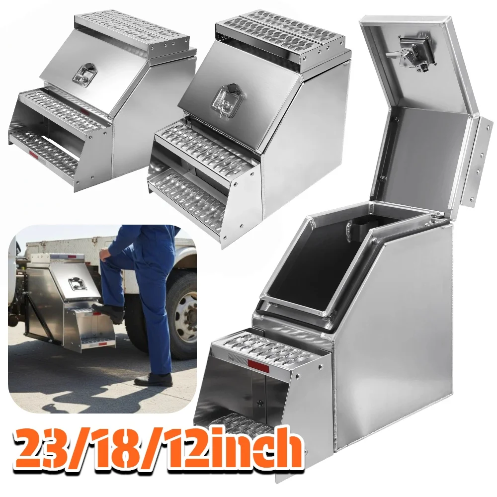 

Truck Step Box 18" 23'' 12'' Aluminum Side Mount Tool Box Lockable Storage for Semi Trailer Truck Frame Step