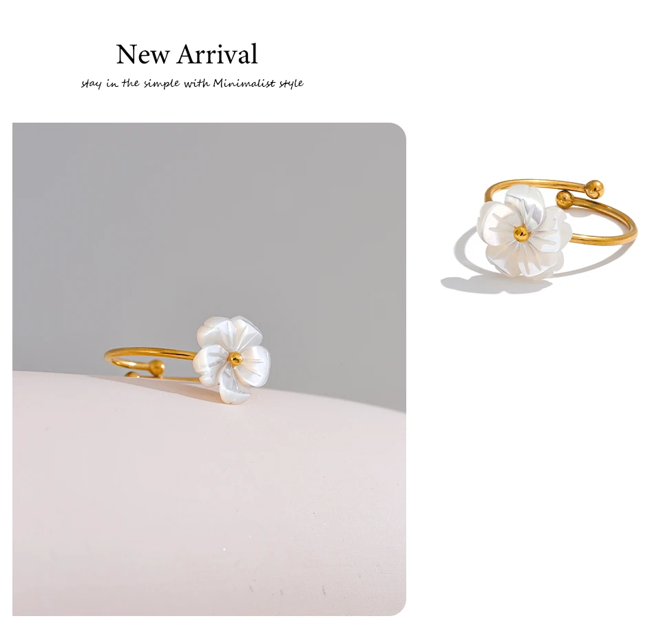 Yhpup Modischer, verstellbarer offener Ring mit natürlicher Muschelblume, süßer Edelstahl, 18 Karat PVD-beschichtet, Sommer- und Alltagsschmuck, Geschenk – Detail 9