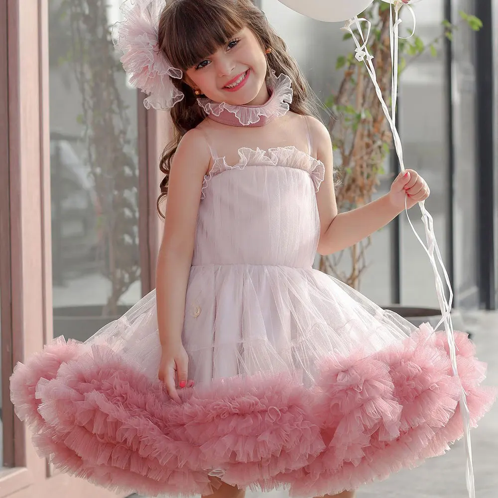 

Pink Pleated Flower Girl Dress For Wedding Off The Shoulder Puffy Sleeveless Baby Kids Birthday First Communion Ball Gowns