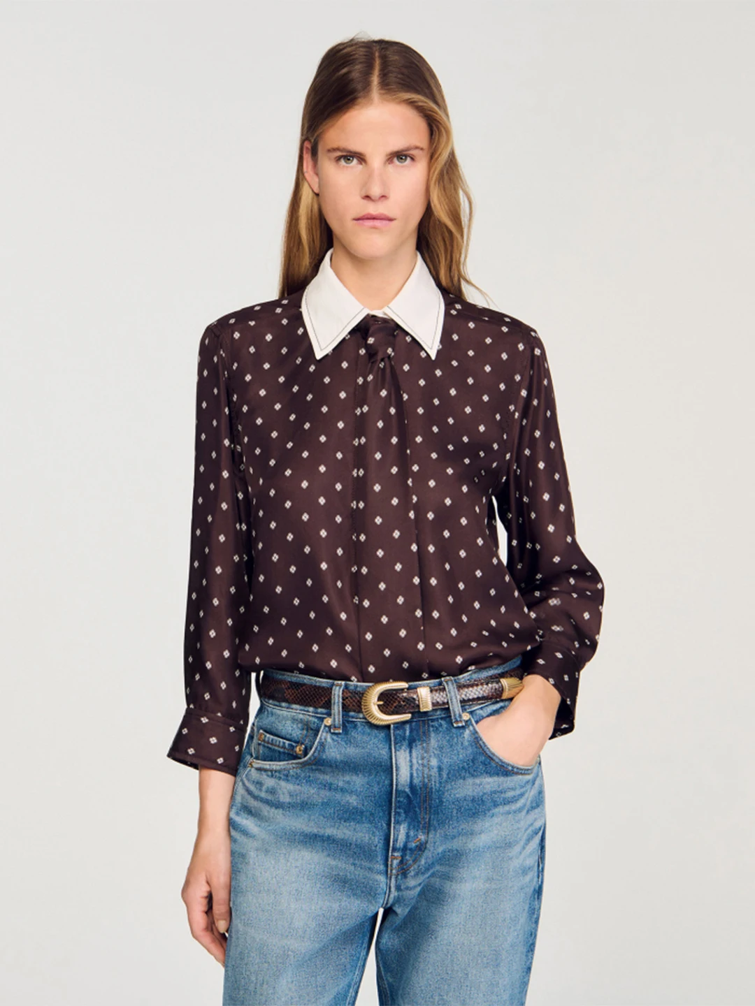 

maSandeS Autumn Winter New Women's irt Brown Print Detachable Tie French Sle Long Sve Breathable Regular Fit Commute Wear
