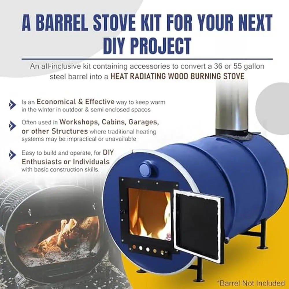 เตาเผาไม้ชุด 55 แกลลอนกลอง DIY Barrel Camp เตาประตู Fire Kit การใช้ตัวเลือกไม้/ถ่านหิน Air Damper ระบายอากาศกลางแจ้ง