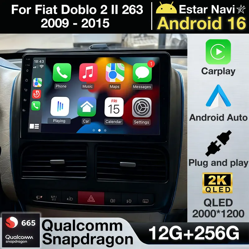 Автомагнитола Android 16 для Fiat Doblo 2 II 263 2009-2015 с беспроводным CarPlay, GPS, мультимедийный проигрыватель, 2DIN, стереосистема, камера 360°