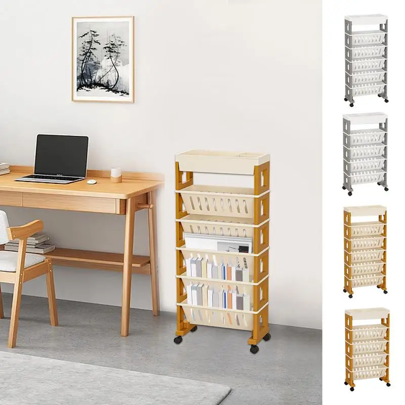 

Trolley Organizer with Wheels Bookshelves Stable 5 Tier Kid Bookshelf Movable Kid Bookshelf Storage Display Rack For Home Office