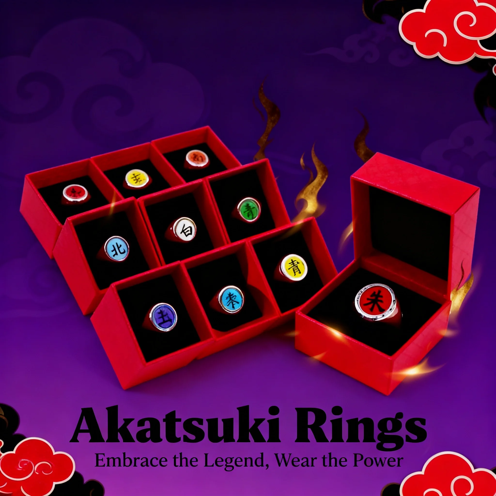 Anillo de Accesorios de Anime, Anillo Rojo con Kanji de Akatsuki Itachi, Anillo Individual de Naruto Shippuden, en Caja de Regalo